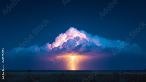 Powerful thunderstorm rolling over open plains with lightning