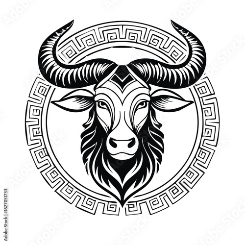 Powerful bull head with large curled horns in a circular meander pattern design