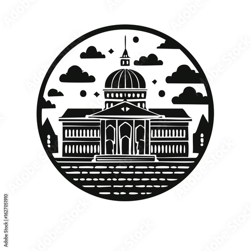 Circular Emblem of Classical Government Building Architecture with Clouds