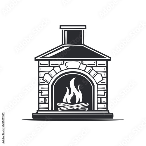 Classic stone fireplace with burning logs and a chimney hearth icon