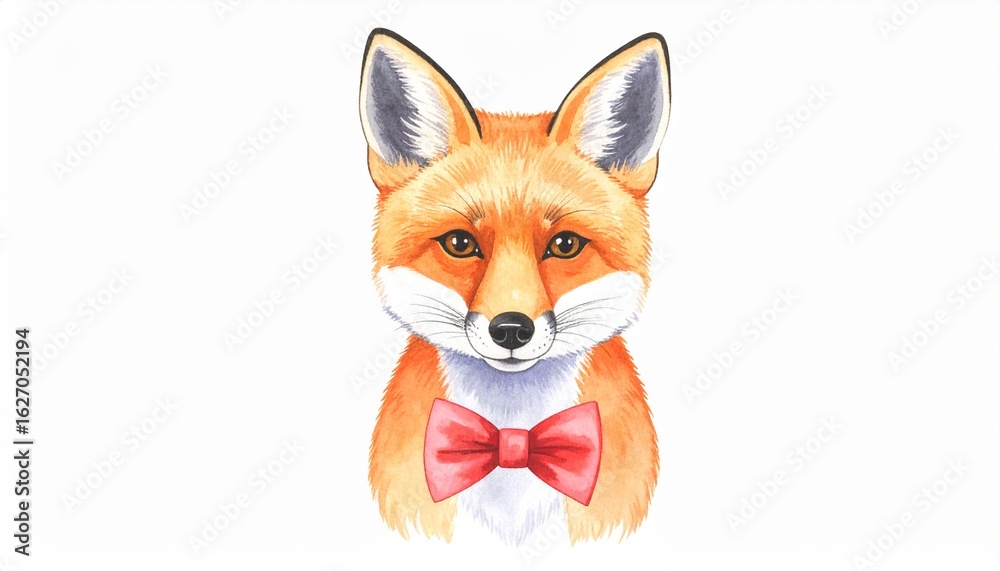 Obraz premium cute cartoon fox with red bow tie, white chest and tail tip, kawaii style