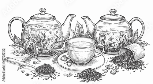 Detailed illustration showcasing tea preparation, featuring teapots, a teacup, and tea leaves.