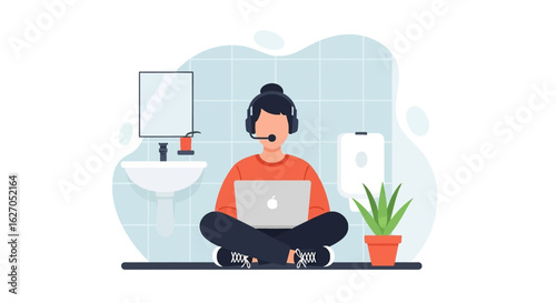 A person works remotely from an unconventional bathroom setting, demonstrating the flexibility and challenges of modern telecommuting with a laptop and headset.