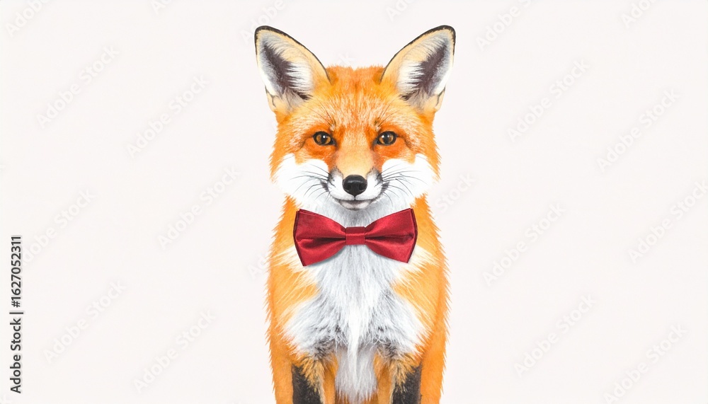 Obraz premium cute cartoon fox with red bow tie, white chest and tail tip, kawaii style