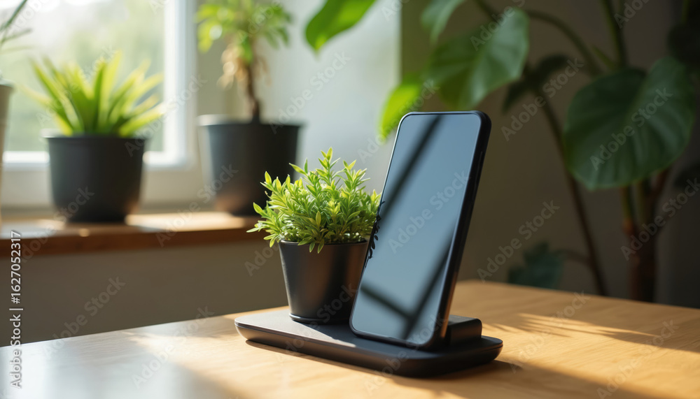 Fototapeta premium Smartphone rests on wireless charging pad. Small potted plant sits beside device. Wooden desk, blurred indoor plants background. Natural light, clean, modern office or home workspace.