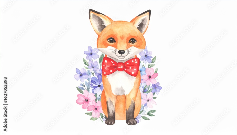 Fototapeta premium cute cartoon fox with red bow tie, white chest and tail tip, kawaii style