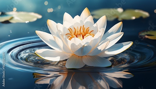 on a peaceful water surface a white water lily floats with elegance