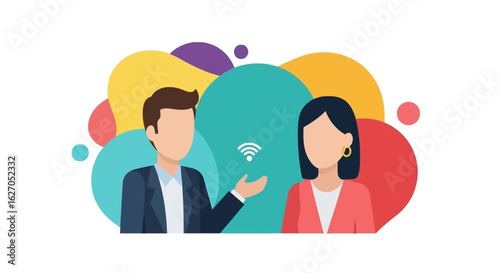 Two diverse individuals engage in a seamless digital conversation, symbolizing modern connectivity and effective online communication amidst vibrant abstract shapes.