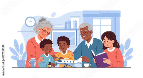 A heartwarming illustration of a multi-generational family, featuring diverse grandparents, parents, and children, sharing a tender moment of care and togetherness at home.