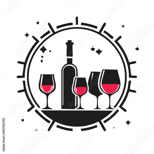 Wine bottle and glasses with red wine in a circular frame with starbursts