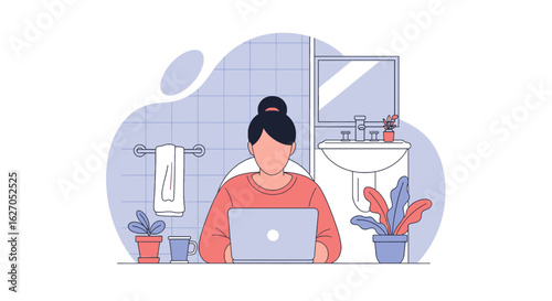 A young woman diligently works on her laptop while seated in a modern bathroom, illustrating the challenges of remote work and finding quiet spaces.
