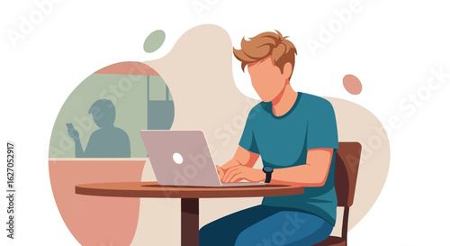 A modern flat illustration depicts a young man with light brown hair diligently working on his laptop at a round table in a cafe.