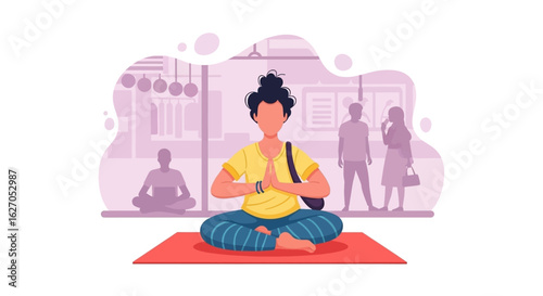 A serene individual practices mindful meditation on a yoga mat, finding inner peace amidst the bustling urban environment.