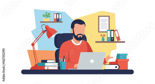 A bearded man diligently works on his laptop at a modern home office desk, surrounded by organized files and a warm lamp, embodying remote productivity.