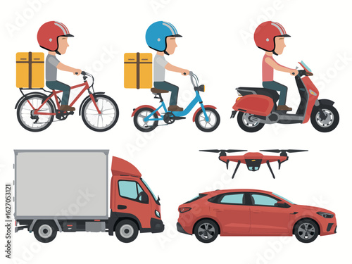 Clean and modern vector  delivery services and transportation methods including bicycle scooter truck car and drone for fast shipping
