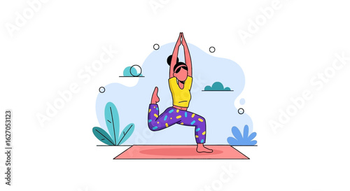 A vibrant flat illustration depicts a woman gracefully performing a challenging yoga pose on a mat, promoting wellness, balance, and a healthy lifestyle.