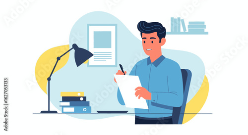 A focused young man diligently writes notes or documents at his desk, illuminated by a lamp, embodying concentration, learning, and productivity.