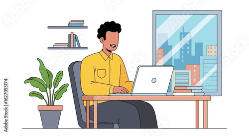 A young man sits at his desk in a modern home office, working on his laptop with a cityscape view outside the window, showcasing a productive work-from-home lifestyle.