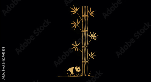 An elegant golden illustration of a small panda bear at the base of a bamboo stalk, isolated on a black background.