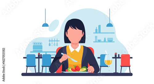 An illustrated young woman enjoys a nutritious salad and refreshing drink at a modern restaurant, embodying a healthy and balanced lifestyle.