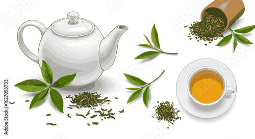 Vector set illustrating green tea elements, including a white ceramic teapot, a cup of brewed beverage, and fresh and dried leaves.