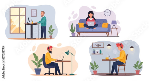 Illustrations depicting diverse individuals engaging in remote work from various locations like home offices, cafes, and comfortable living spaces.