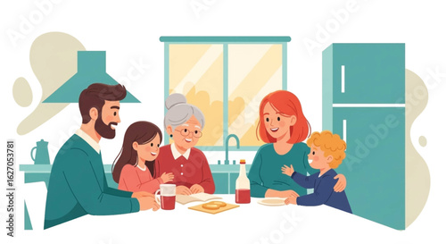 Happy multigenerational family enjoys a meal together in their cozy kitchen, creating warm memories and strengthening bonds.