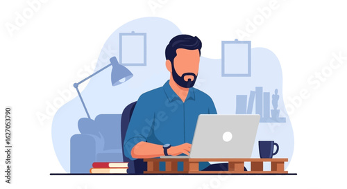 Vector illustration of a bearded man working on a laptop in a cozy home office, showcasing remote work and a modern, minimalist design aesthetic.