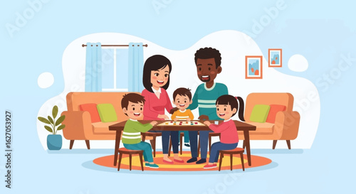 A diverse family enjoys quality time together playing a board game around a dining table in a cozy living room setting.