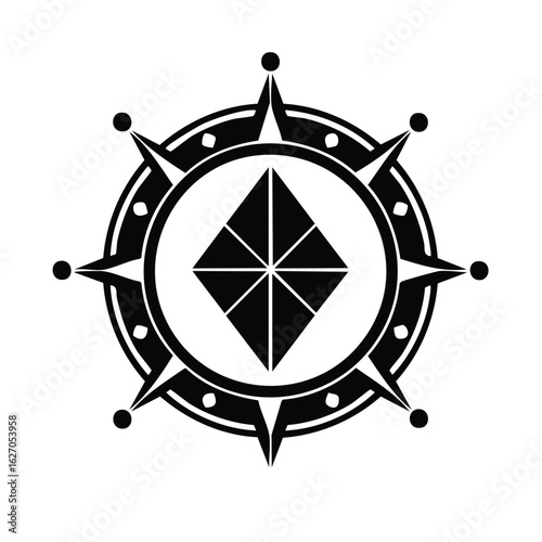 Compass Rose Nautical Icon Silhouette with Diamond Center Navigation Emblem