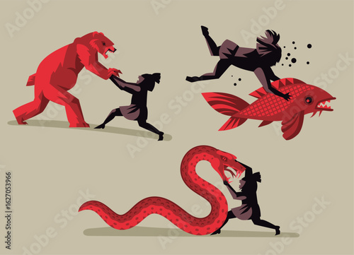 kintaro kid japanese strong hero fighting bear, snake and fish