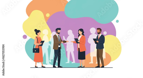 Diverse business people networking and collaborating in a modern and abstract setting, exchanging ideas and building connections.