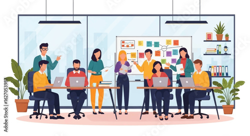 A dynamic team of diverse business professionals collaborates in a modern office, actively brainstorming and strategizing on a new project to achieve corporate success.