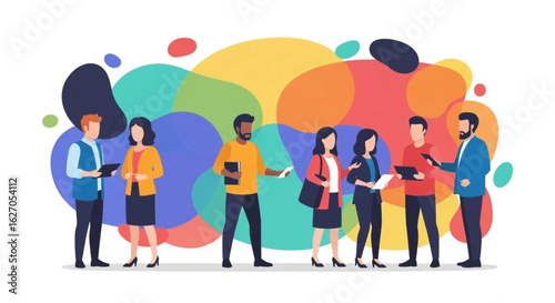 A diverse group of professionals from various backgrounds collaborates and communicates effectively in a vibrant, colorful, and inclusive environment.
