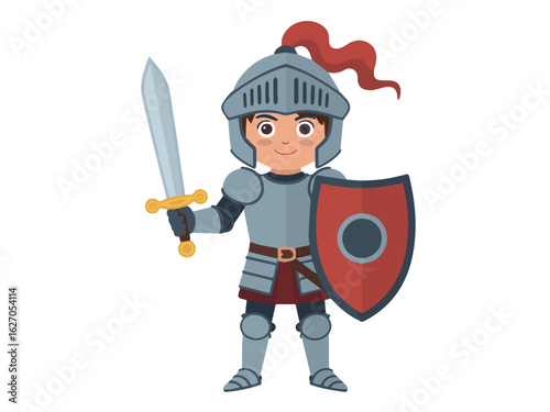 Clean and modern vector  cartoon knight illustration of a brave warrior with sword and shield ready for battle and adventure quest