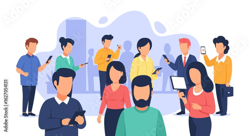 A diverse group of modern individuals are depicted engaging with their mobile devices, illustrating contemporary digital communication and online social interaction.