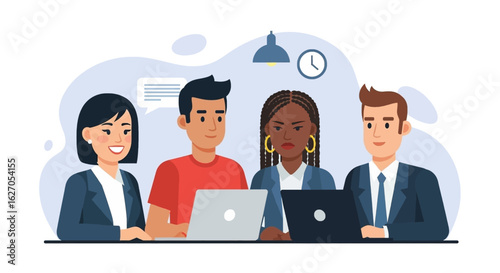 A diverse team of professionals collaborates on laptops in a modern office setting, fostering teamwork and innovation in a bright and collaborative workspace.
