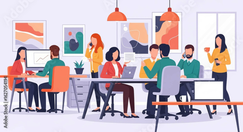 A diverse group of professionals collaborate in a modern, vibrant office setting, utilizing technology and engaging in productive discussions, fostering teamwork.