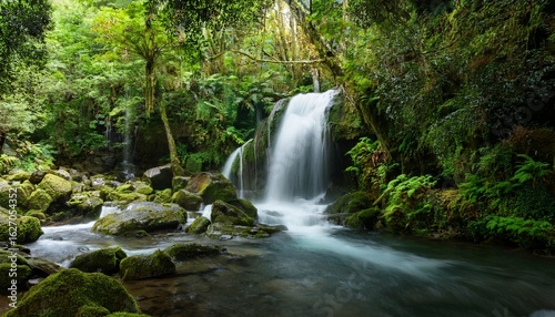 lush waterfall cascading through a verdant forest