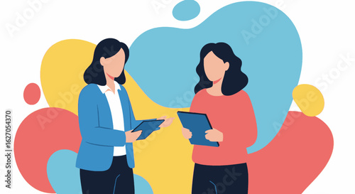 Two businesswomen stand together, holding tablets, discussing a project against a colorful abstract background, representing teamwork and collaboration.