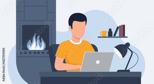 A focused man works comfortably on his laptop at a home office desk, illuminated by a task lamp, with a cozy fireplace providing warmth and ambiance.