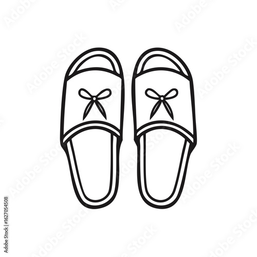 A simple line art illustration of a pair of house slippers with a cute bow