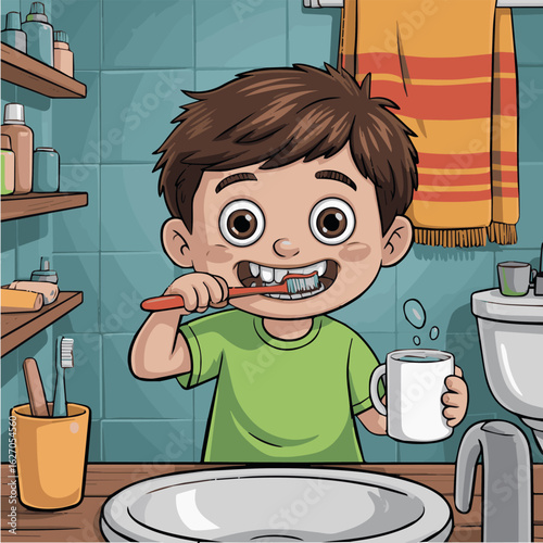 Clean and modern vector  boy brushing teeth dental hygiene oral care bathroom routine kids health clean fresh morning cartoon 100