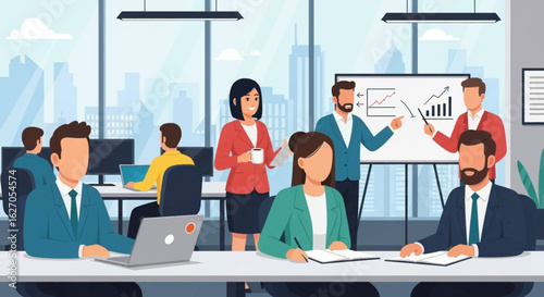 A diverse group of professionals actively collaborates in a modern, open-plan office environment, fostering teamwork and strategic discussions.