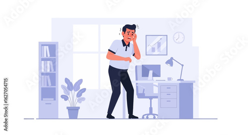 A stressed man experiencing a headache holds his head while standing in his home office, feeling overwhelmed by work and deadlines.