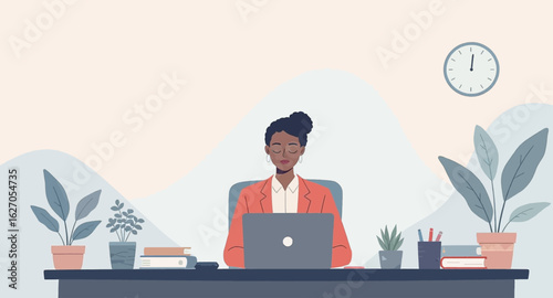 A professional Black woman diligently works on her laptop at a modern office desk, surrounded by plants, symbolizing productivity and efficiency.