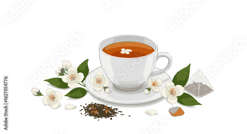 An illustration of a white teacup filled with herbal jasmine tea, decorated with blossoms and a tea bag