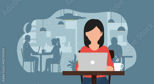 A focused young woman works diligently on her laptop in a modern cafe, embodying the essence of remote work and digital nomad lifestyle.