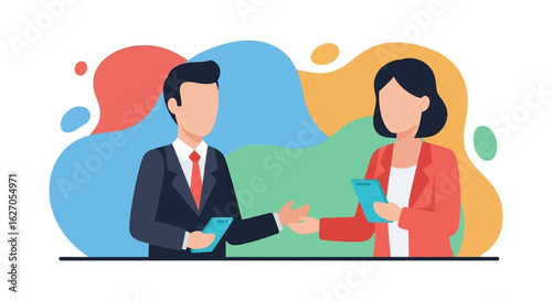 Two professional individuals, a man and a woman, engage in a business handshake while holding their smartphones, symbolizing modern communication and deal-making.