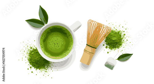 Traditional Japanese matcha green tea preparation set. Top view vector illustration of a hot cup of tea, bamboo chasen whisk, and powder.